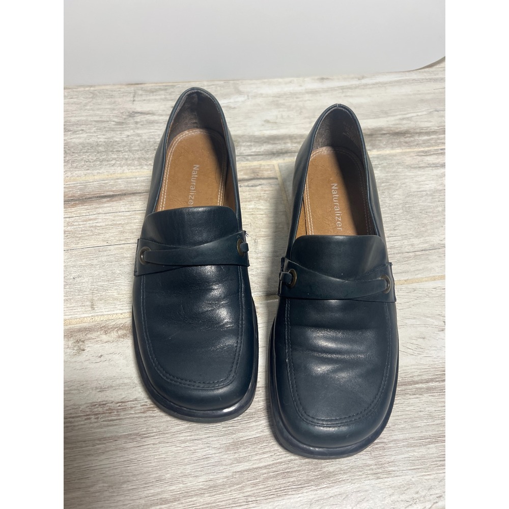 Naturalizer Loafers 6M Blue Womens Dark Academia Leather Round Toe Block Heel